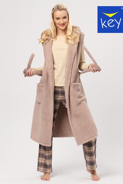 Długa kamizelka damska-homewear z miękkiej dzianiny o strukturze "baranka", wiązana w pasie, dwie zewnętrzne kieszenie, z kapturem
Skład: 100% Poliester
