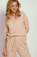 Piżama damska z rękawem długości 3/4 uszyta z delikanej prążkowanej bawełny. Do kpmpletu jednolite spodnie z prostymi nogawkami długości 7/8.
Skład: 100% Bawełna
 