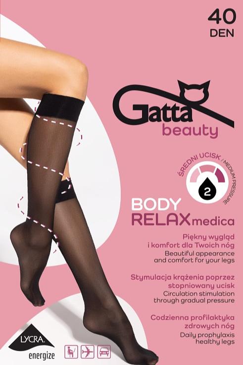 Podkolanówki RELAX MEDICA 40 DEN od Gatta to eleganckie i funkcjonalne rozwiązanie dla kobiet dbających o zdrowie i komfort swoich nóg. Dzięki stopniowanemu uciskowi o średniej sile, skutecznie wspomagają krążenie, redukując uczucie ciężkości i zmęczenia nóg. Elastyczny materiał (90% poliamid, 10% elastan) gwarantuje idealne dopasowanie, a półprzezroczysta tkanina o grubości 40 DEN nadaje nogom elegancki wygląd. Idealne do codziennego noszenia – zarówno w pracy, jak i podczas podróży czy długotrwałego stania.
 