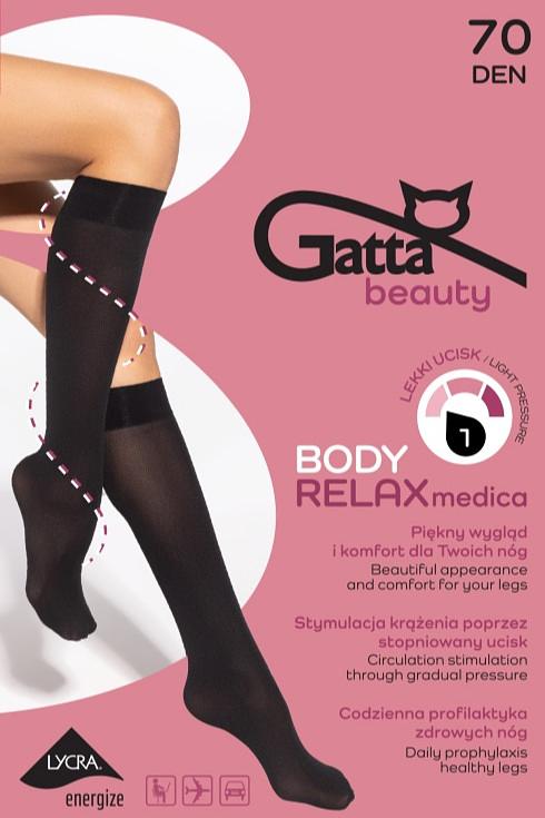 Podkolanówki RELAX MEDICA 70 DEN od Gatta to połączenie elegancji, komfortu i funkcji zdrowotnych. Dzięki stopniowanemu uciskowi, wspomagają krążenie i przynoszą ulgę zmęczonym nogom, co sprawia, że są idealnym wyborem dla osób spędzających długie godziny na nogach lub w pozycji siedzącej. Lekka kompresja pomaga zapobiegać obrzękom, a miękki i elastyczny materiał (89% poliamid, 11% elastan) zapewnia doskonałe dopasowanie i wygodę przez cały dzień. Półkryjąca grubość 70 DEN sprawia, że podkolanówki prezentują się stylowo i pasują do każdej stylizacji – zarówno do pracy, jak i na specjalne okazje.
 