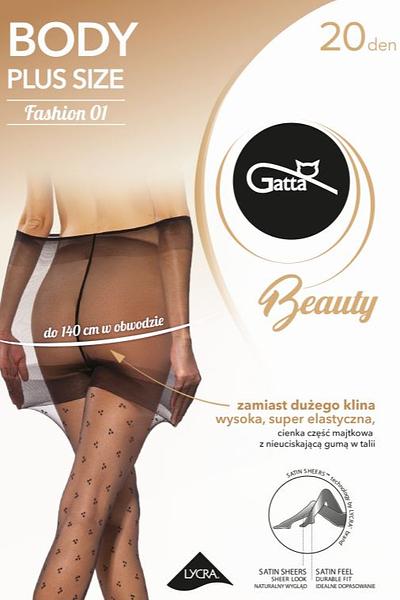 Ciesz się wyjątkowym komfortem i elegancją dzięki wzorzystym rajstopom Body Plus Size Fashion 01 od Gatta! Stworzone specjalnie dla kobiet plus size, zapewniają doskonałe dopasowanie do sylwetki aż do 140 cm w obwodzie. Zamiast klasycznego klina zastosowano super elastyczną, wysoką część majtkową, która zapewnia wygodę i lepsze dopasowanie. Cienki, 20-denowy materiał z subtelnym wzorem pięknie podkreśla nogi, nadając im zmysłowego wyglądu. Dzięki poliamidowi (83%) i elastanowi (17%), rajstopy są miękkie, trwałe i przyjemne w dotyku.